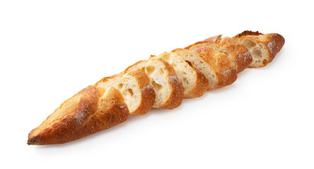 A sliced baguette placed on a white background.