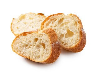A sliced baguette placed on a white background.