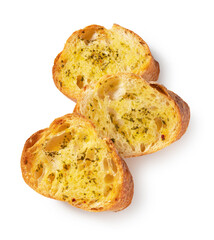Baked bread with garlic and herbs on a white background.