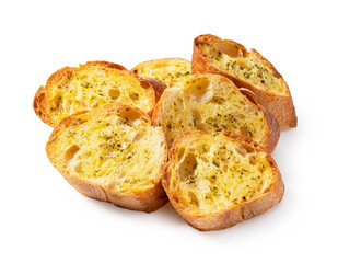 Baked bread with garlic and herbs on a white background.