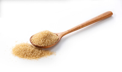 Wooden spoon and brown sugar placed on a white background.