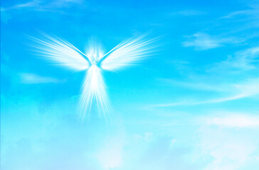  White Angel of Light in Blue Sky. Spiritual guidance concept. Angelic wings in turquoise heaven...