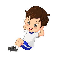 Cartoon little boy doing exercising