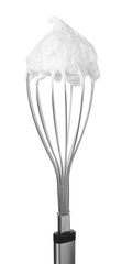 Balloon whisk with whipped cream isolated on white