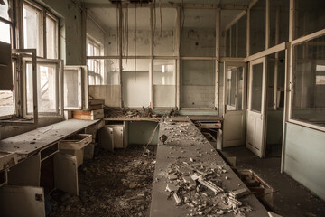 Interior of an abandoned office building, in a dirty and damaged room, with an old desk remaining after the closure and the bankruptcy of the business. ....