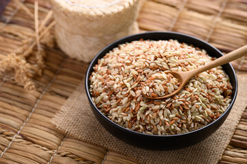 Organic Thai highland brown rice grain in a bowl with wooden spoon (Cargo rice, Loonzain rice or Husked rice), Healthy food