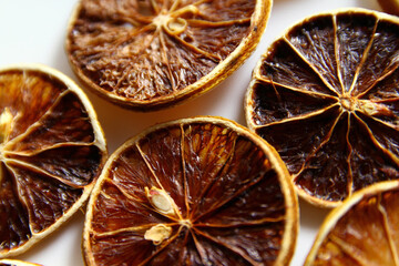 Close up of dehydrate slice lemon on white background