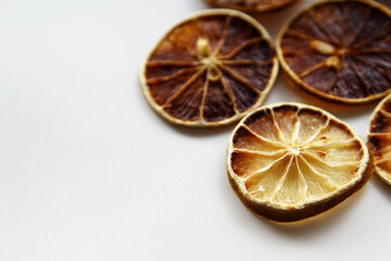 Close up of dehydrate slice lemon on white background