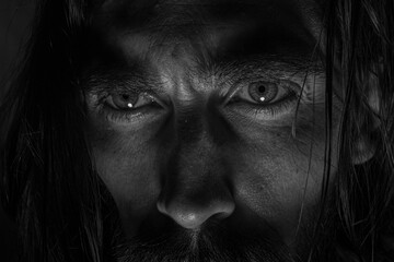rostro en la oscuridad con mirada aterradora, odio en sus ojos 