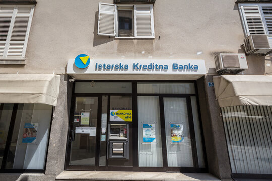 RIJEKA, CROATIA - JUNE 18, 2021: Istarska Kreditna Banka logo on their Rijeka office. IKB Istarska Kreditna Banka, or Istrian Credit Bank is a Croatian retail and commercial bank from Umag...