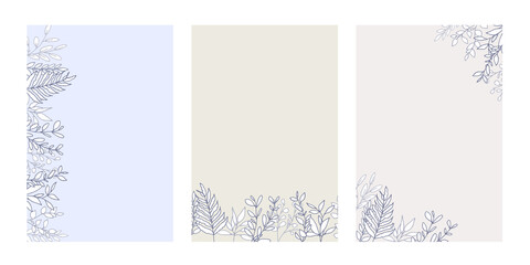 線画タッチ手書きの草木と花ポストカード　Set of floral elements for graphic and web design. Vector illustrations for beauty, 