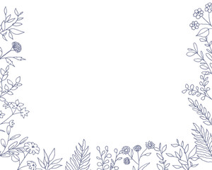 線画タッチ手書きの草木と花フレーム　Set of floral elements for graphic and web design. Vector illustrations for beauty, 