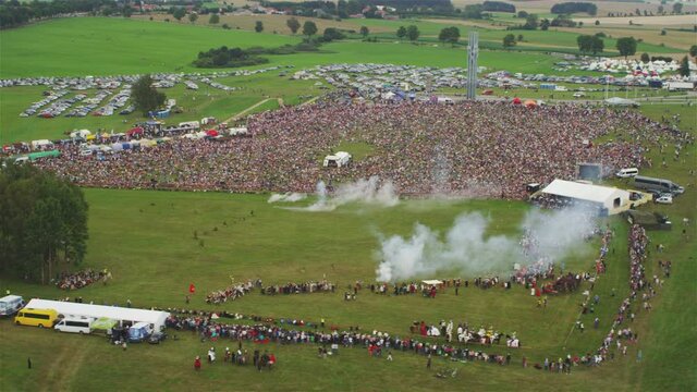 Staging of the medieval Battle of Grunwald, Teutonic knights fighting against the Polish and Lithuanian knights. Aerial view