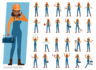 Fototapeta premium Set of Builder woman wear blue jeans working character vector design. Presentation in various action with emotions, running, standing and walking.