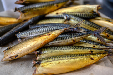 Lots of smoked mackerel carcasses. The fish is in a bunch.