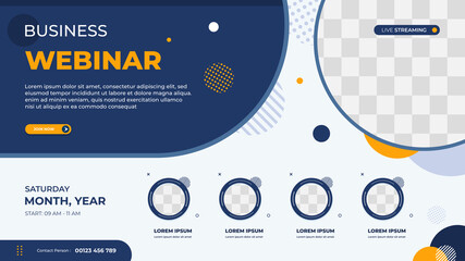 Business webinar banner template for website with multi circle frame and blue background geometric minimal concept