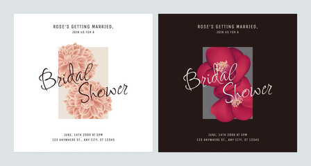 Minimalist floral bridal shower invitation card template design, dahlia and camellia, bright and dark theme