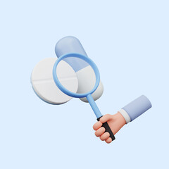 3d illustration of hand holding a magnifying glass to pills