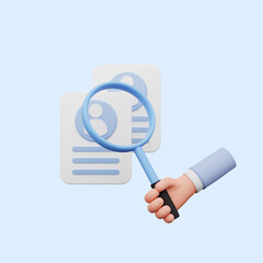 3d illustration of hand holding a magnifying glass to people candidate