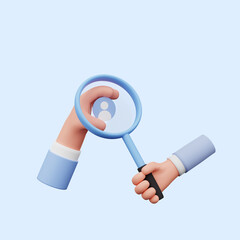 3d illustration of hand holding magnifying and people icon