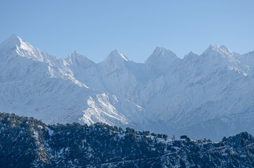 Panchchula peaks covered by snow in Munsiyari, Uttarakhand, India.