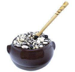 Pot with fava bean seeds
