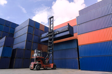 Forklift handling container box loading to freight trainer