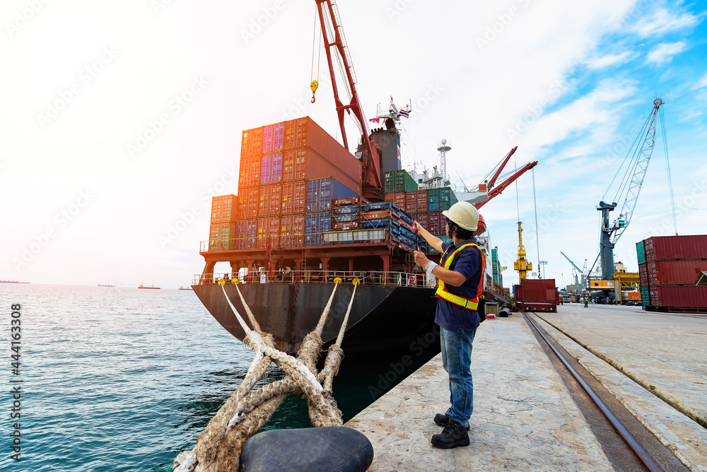 Wall mural engineers and crane.smiling dock worker holding radio and ship background