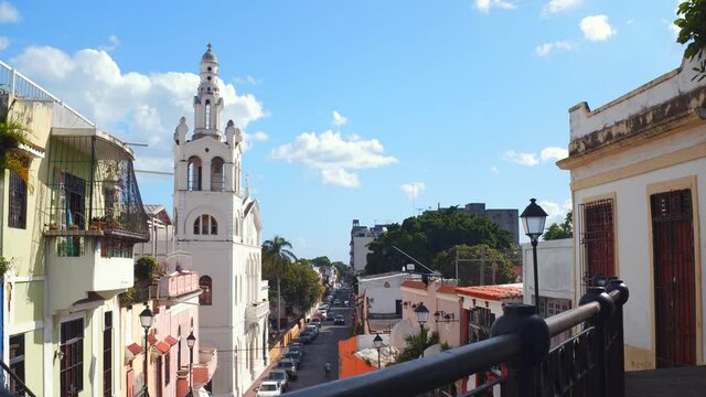 Hostos street, Santo Domingo, Dominican Republic. Beautiful street goes down in the colonial zone. view of Santuario Nuestra Se&ntilde;ora de la Altagracia