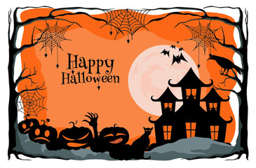 Happy Halloween. haunted house, tree, cemetery, scarecrow, bat, spider web, pumpkin vector illustration 