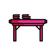 Simple symbol of a study desk, red colored in black line art style and shadow details.