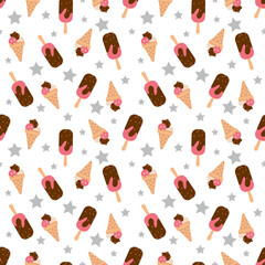 Seamless pattern with popsicle ice cream with chocolate, waffle cup and silver stars. A cute summer print with a cold dessert. Festive decoration for textiles, wrapping paper and designs