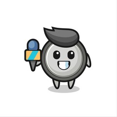 Character mascot of button cell as a news reporter