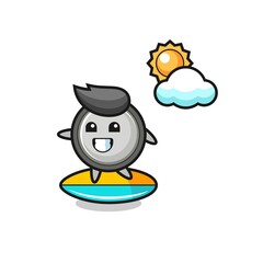 Illustration of button cell cartoon do surfing on the beach
