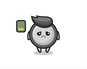 button cell mascot character doing a tired gesture