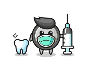 Mascot character of button cell as a dentist