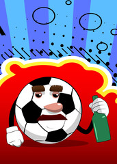 Soccer ball holding a bottle. Traditional football ball as a cartoon character with face.