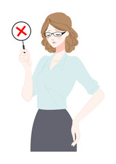 ばつ印を出す眼鏡の女性