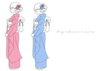 シンプルな線画女性の着物姿イラスト