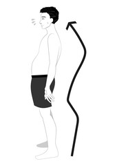 猫背の男性の横姿イラスト　白黒