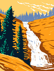 WPA poster art of Chilnualna Falls on Chilnualna Creek in Sierra Nevada within Yosemite National Park, California United States done in works project administration style or federal art project style. - obrazy, fototapety, plakaty