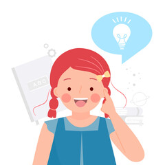 Girl pointing with thinking process. Get idea and study at school or homeschooling. Point finger at lightbulb. Creative learning. Flat vector illustration isolated on white background.