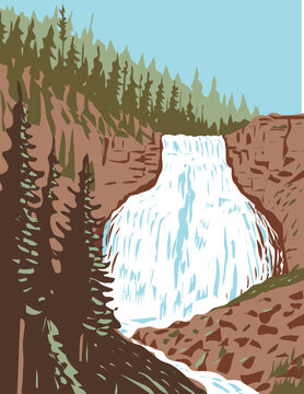 WPA poster art of Rustic Falls on Glen Creek within Yellowstone National Park, Wyoming, United States of America done in works project administration style or federal art project style.