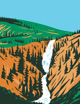 WPA poster art of Undine Falls, a 3-tiered waterfall on the Lava Creek in northern Yellowstone National Park, Wyoming USA done in works project administration style or federal art project style.