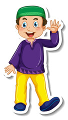 A sticker template with Muslim boy in standing pose cartoon character