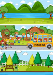 Set of different horizon scenes background with doodle kids cartoon character