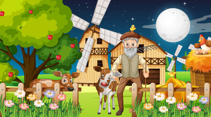 Farm at night scene with old farmer man and farm animals