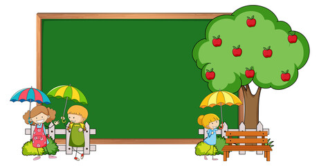 Empty blackboard with many kids doodle cartoon character isolated