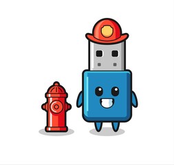 Mascot character of flash drive usb as a firefighter