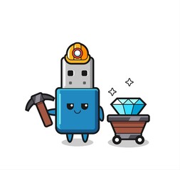 Character Illustration of flash drive usb as a miner